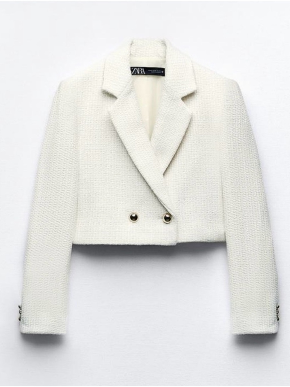 ZARA Cream Cropped Tweed Blazer with Gold Buttons
